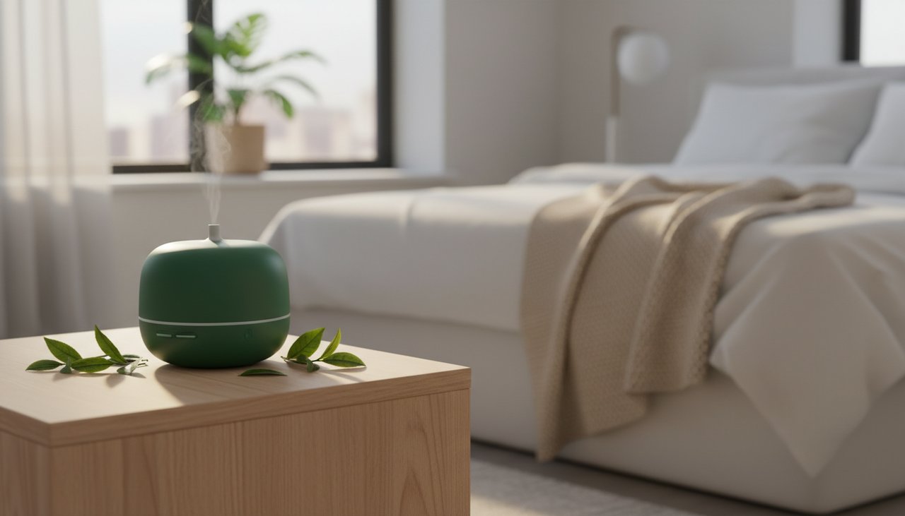 Diffuser für ätherisches Grüntee-Öl in einem modernen Schlafzimmer