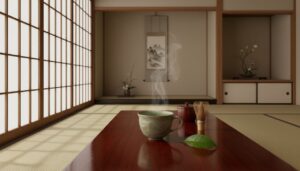 Serene Japanese tea setting with green tea cup