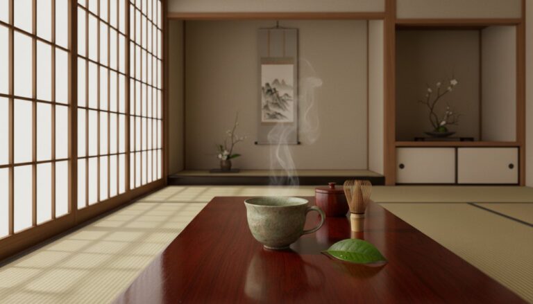 Serene Japanese tea setting with green tea cup