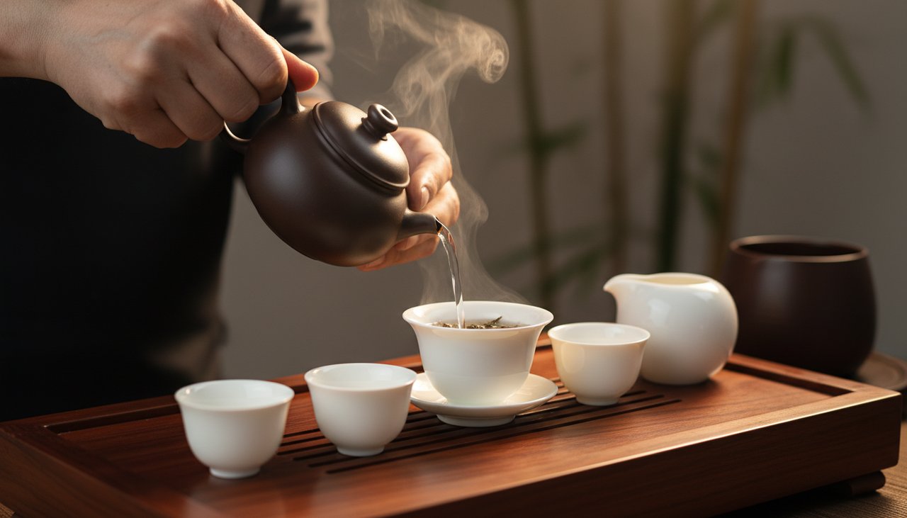 Hände eines Teemeisters beim Spülen der Teeblätter während einer Gongfu-Cha-Zeremonie.