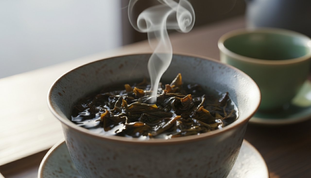 Nahaufnahme von getrockneten Teeblättern, die sich in einem Gaiwan aus Keramik unter Dampf entfalten.