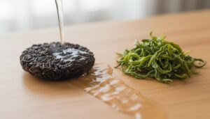Contrast between Puerh and green tea leaves, showing Puerh being rinsed.