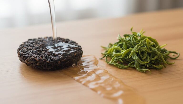 Contrast between Puerh and green tea leaves, showing Puerh being rinsed.
