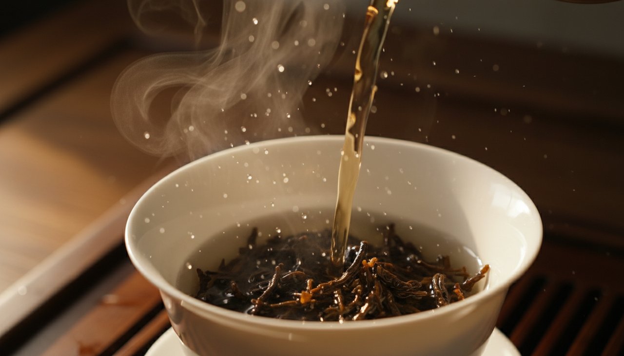 Ein hoher Aufguss von heißem Wasser in einen Gaiwan mit sichtbarem Dampf und Dynamik.