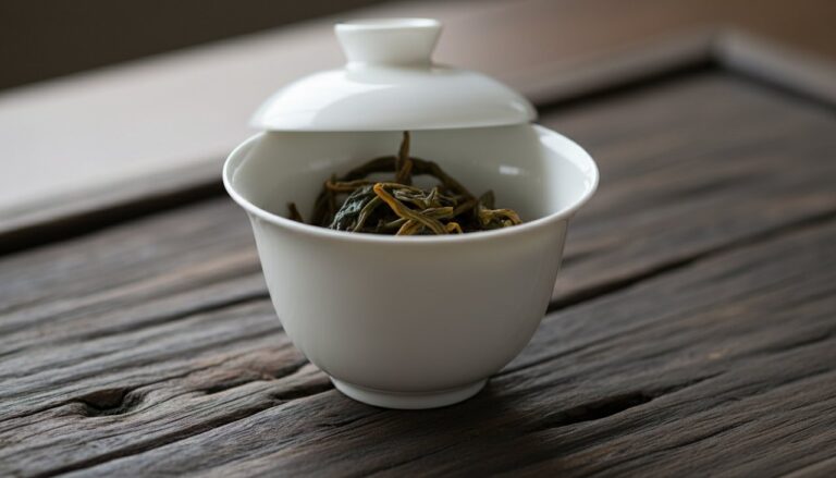 A minimalist white porcelain Gaiwan tea set on a dark wood tray.