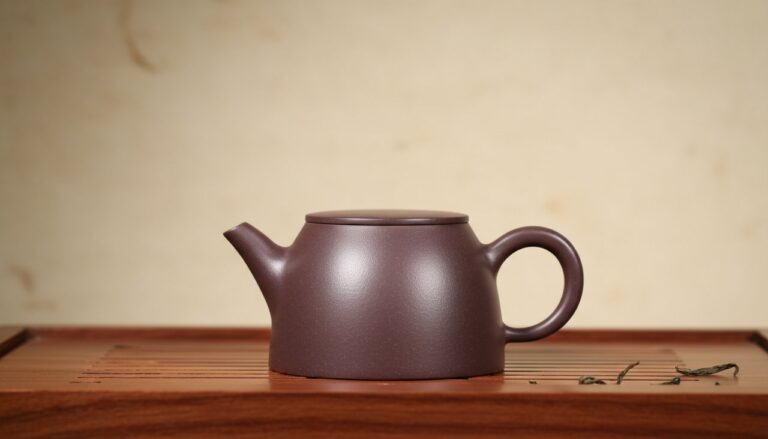 A modern Dian He Yixing teapot on a minimalist tea tray.
