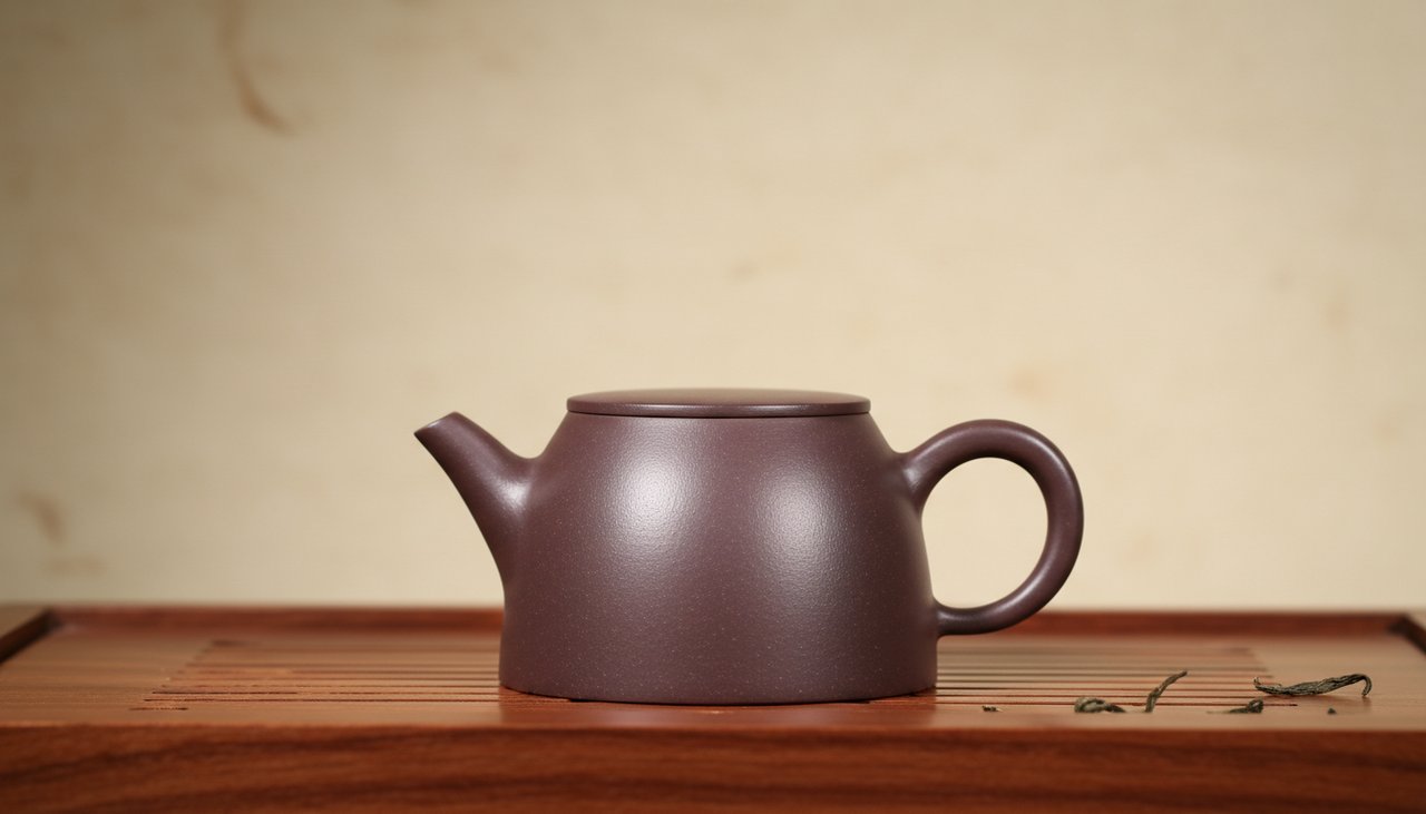 Eine moderne Dian He Yixing-Teekanne auf einem minimalistischen Teetablett.