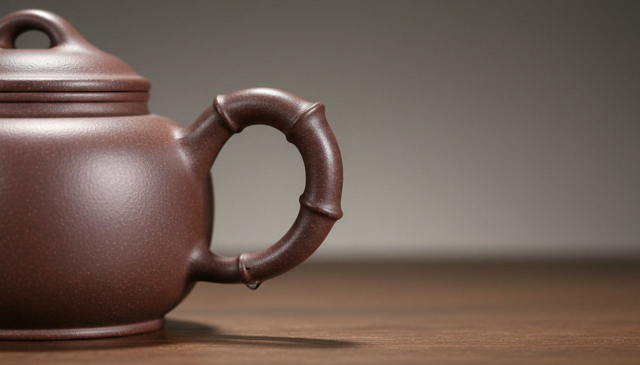 Nahaufnahme des ergonomischen Griffs und der asymmetrischen Tülle einer Dian He Yixing-Teekanne.
