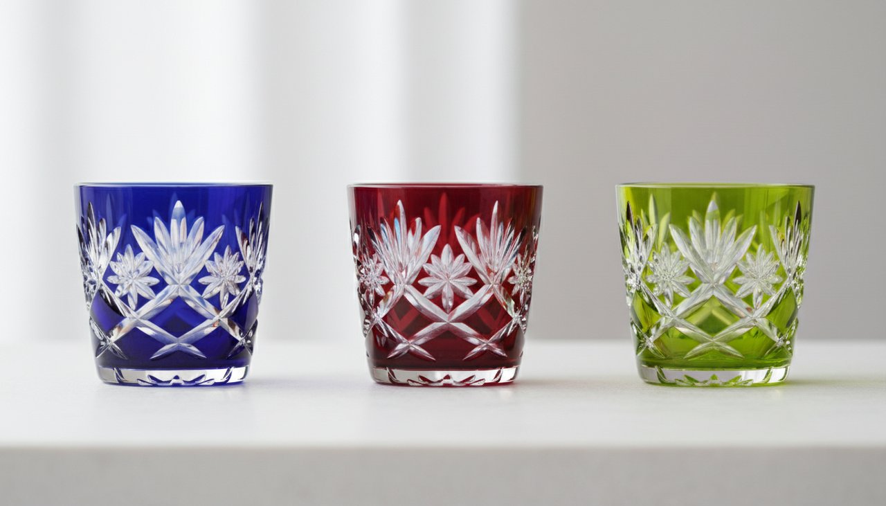 Vibrant Edo Kiriko glasses displaying Irokise color technique.