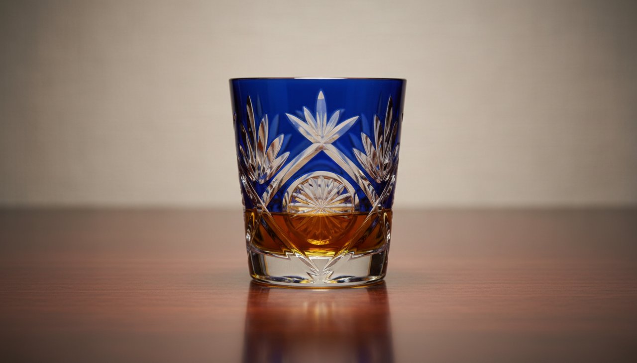 Exquisite Edo Kiriko whisky glass with amber liquid reflecting light.
