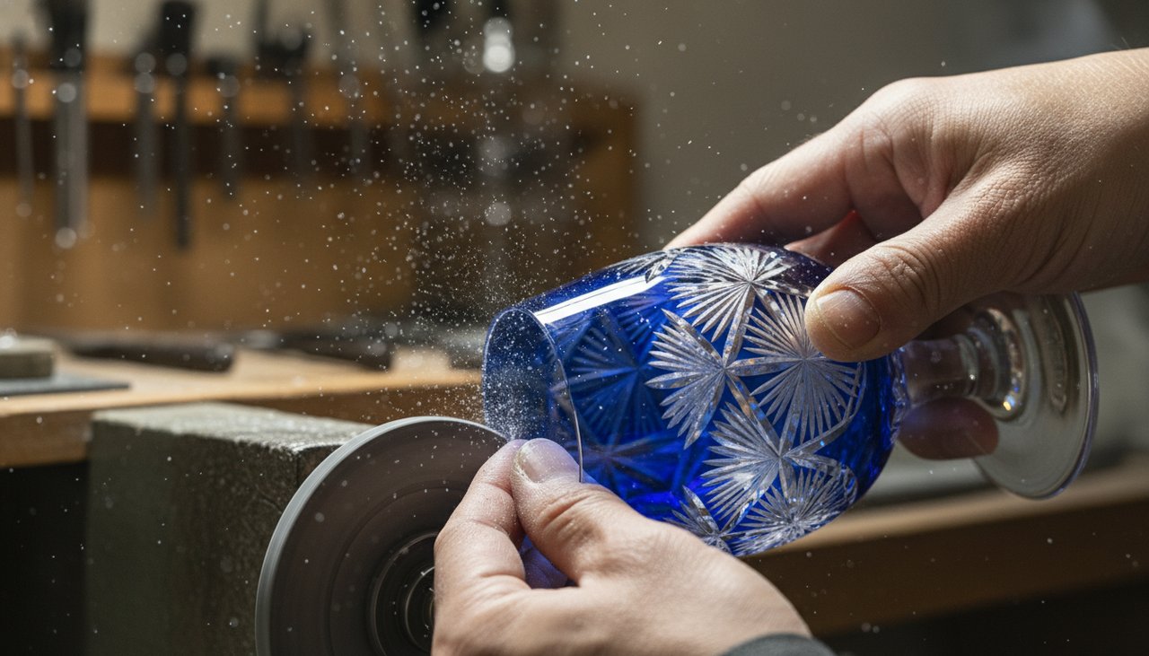 Close-up of artisan's hands cutting intricate patterns on Edo Kiriko glass.