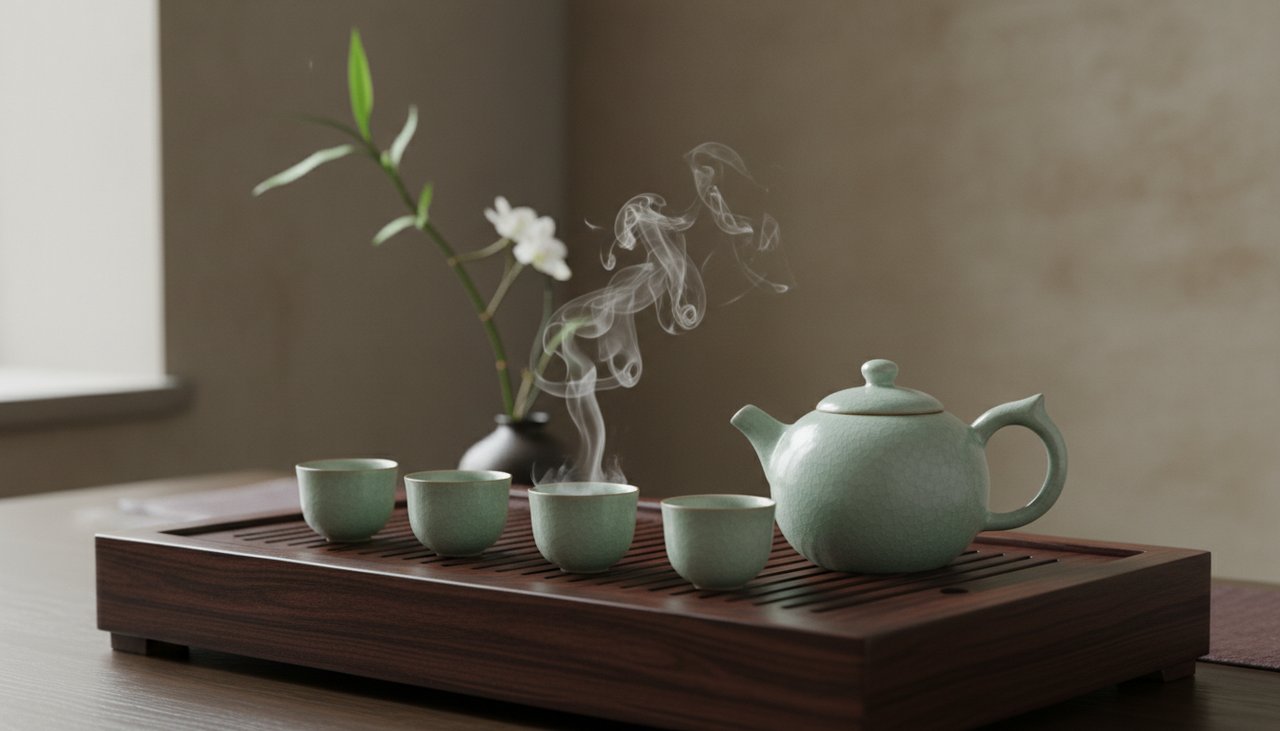 Traditionelle chinesische Teezeremonie mit Seladon-Geschirr