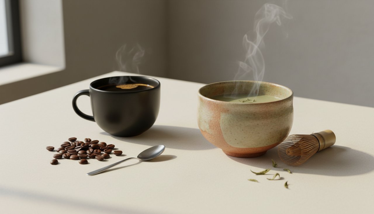Kaffeetasse und Teeschale nebeneinander als Symbole für unterschiedliche Energien