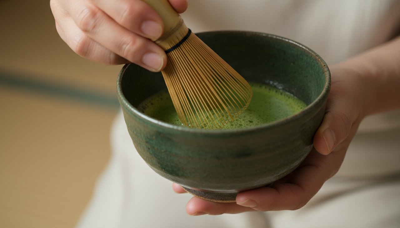 Hände bereiten Matcha-Tee während einer japanischen Teezeremonie zu