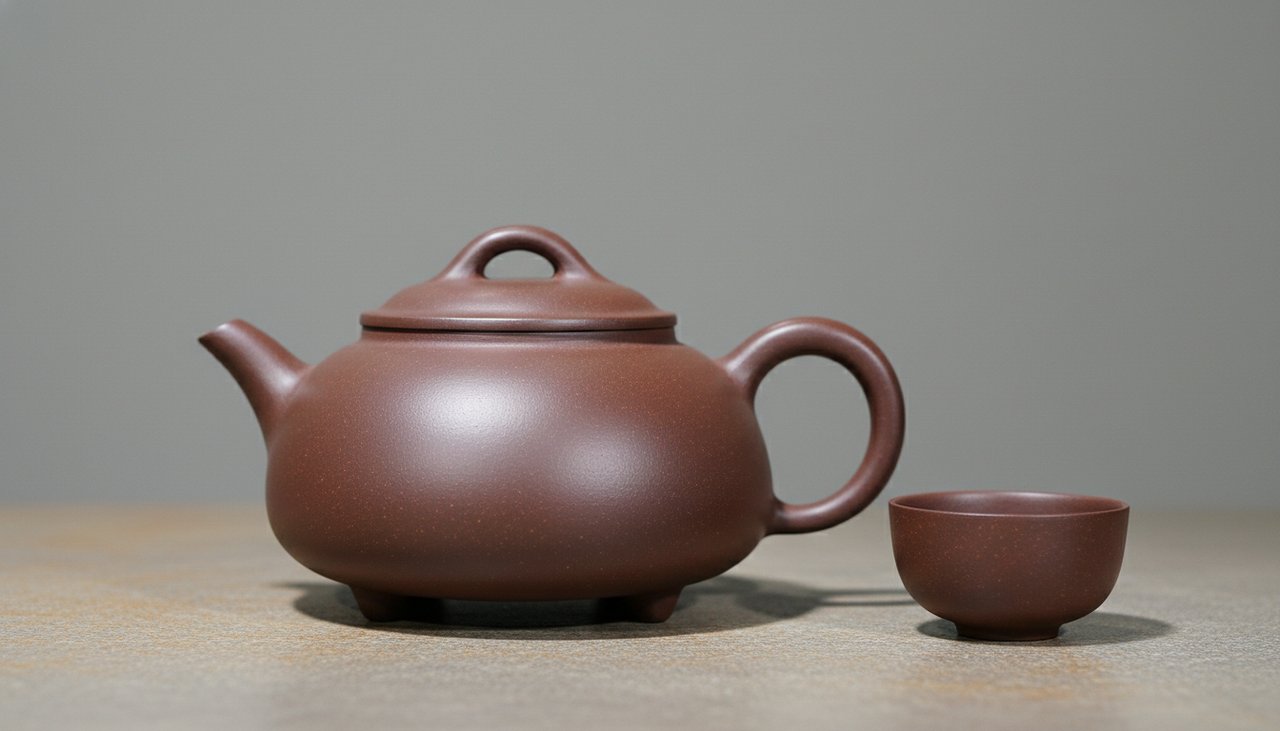 Rounded Shi Piao Yixing purple clay teapot with low body, small feet, straight spout, and arched lid knob