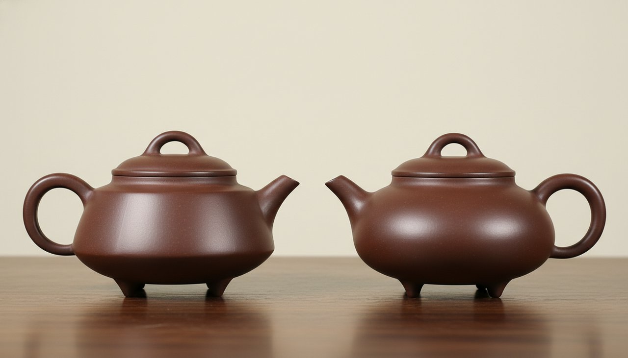 Stilvergleich: Ziye vs. Jingzhou Shi Piao Direkter Vergleich zweier flacher, gerundeter Shi Piao Yixing Teekannen im Ziye- und Jingzhou-Stil