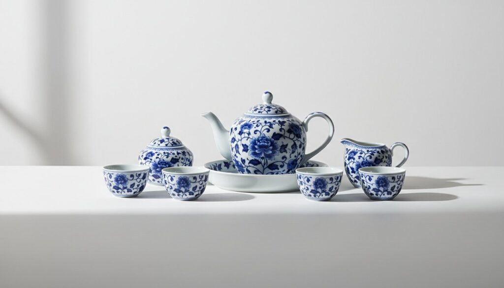 Ein handgefertigtes blau-weißes Porzellan-Teeservice in minimalistischer Umgebung.