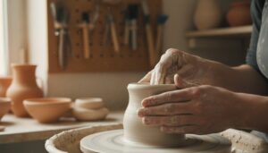 Macro photography of an artisan's hands shaping white kaolin clay on a pottery wheel.