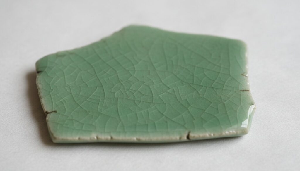 Detailaufnahme einer Longquan-Seladonglasur mit dem charakteristischen, feinen Craquelé-Muster.