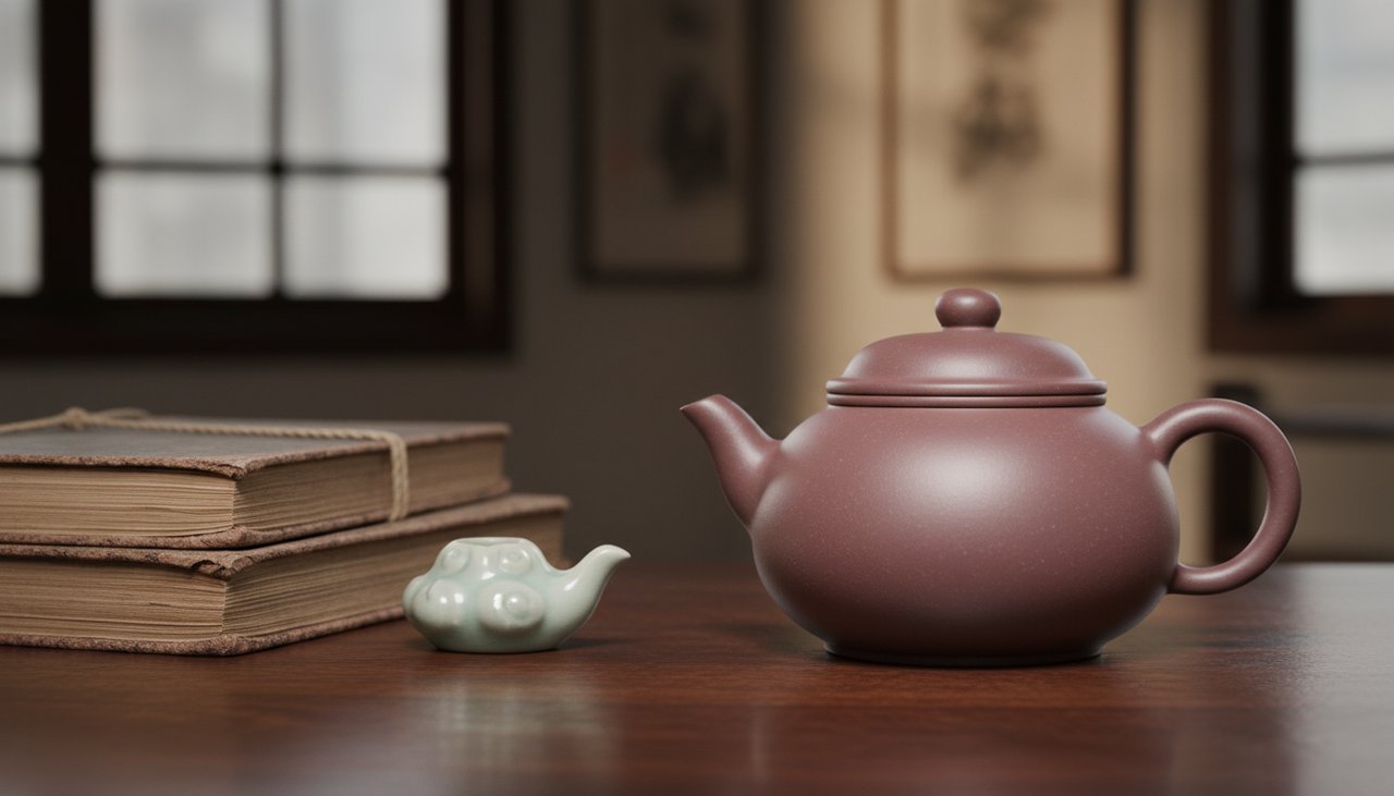 Eine dunkelbraune Yixing-Zisha-Teekanne auf dem Schreibtisch eines Gelehrten mit alten Büchern.
