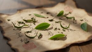 Antique Chinese tea leaves on a weathered scroll representing the 1391 Ming decree.