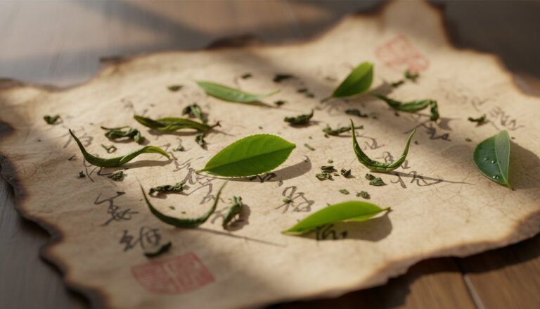 Antique Chinese tea leaves on a weathered scroll representing the 1391 Ming decree.