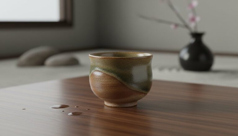 A handmade ceramic sake cup on a weathered wooden table