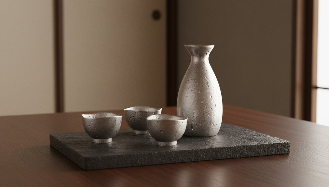 Traditional Osaka Naniwa Suzu tin sake set with condensation