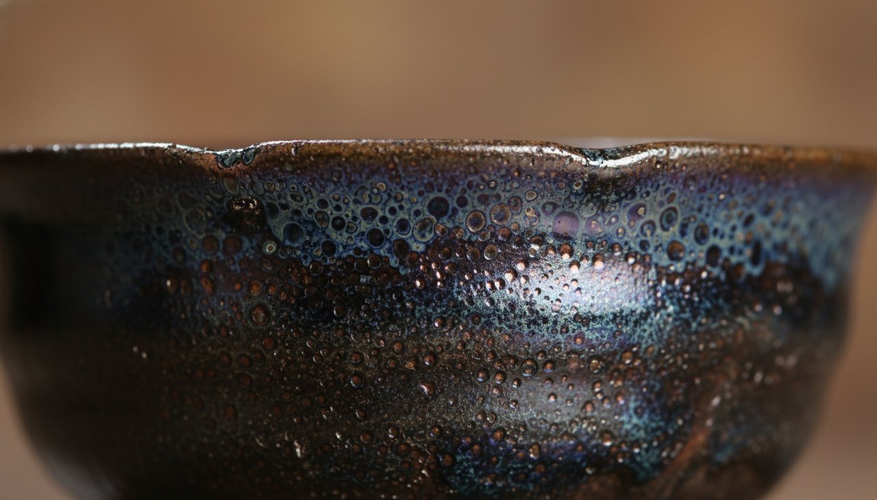 Eine Jianzhan-Teeschale mit Ölfleck-Glasur und filigranen metallischen Mustern.