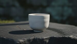 A minimalist handle-less ceramic teacup on a dark surface.