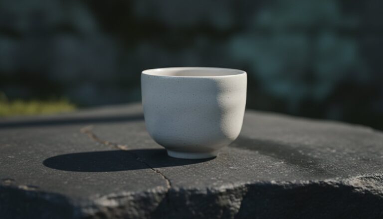A minimalist handle-less ceramic teacup on a dark surface.
