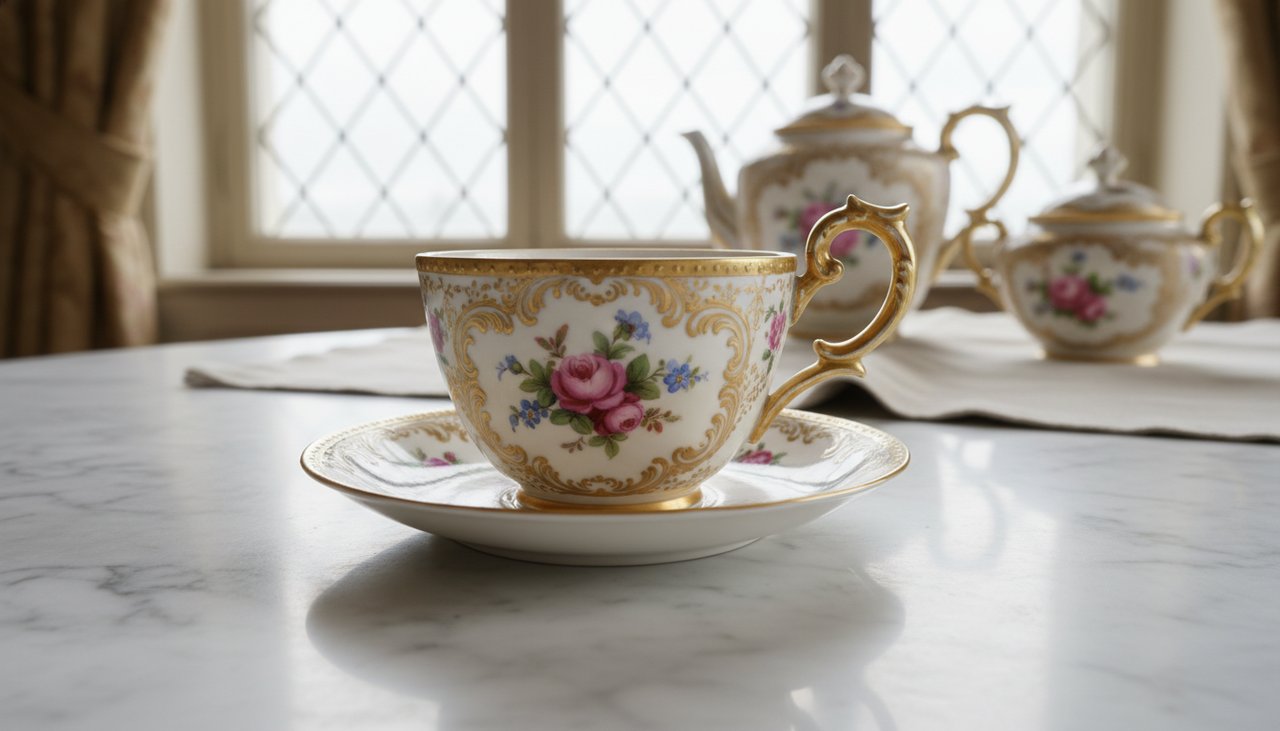 Eine kunstvolle europäische Porzellan-Teetasse aus dem 18. Jahrhundert mit vergoldetem Henkel.
