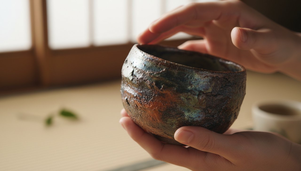 Hände, die behutsam eine rustikale Raku-Yaki-Teeschale umschließen.