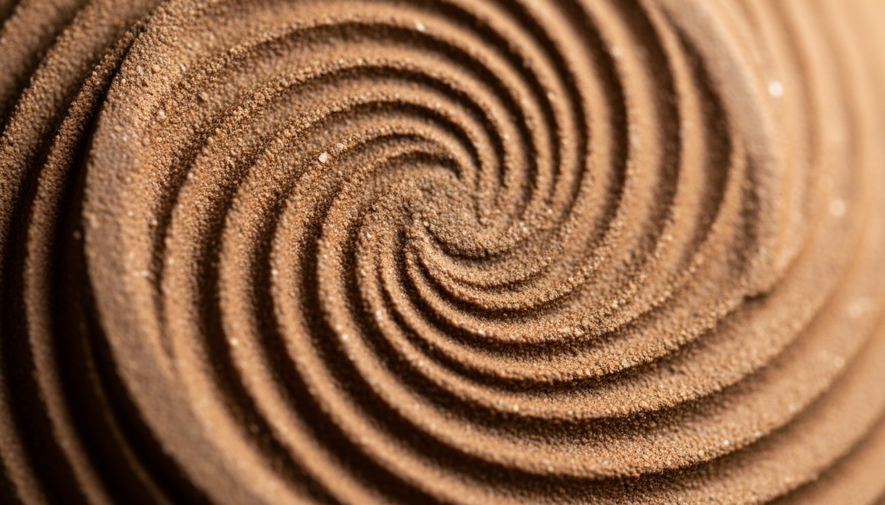 Nahaufnahme der spiralförmigen Drahtspuren auf dem Boden einer handgetöpferten Keramikschale