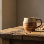 A handcrafted ceramic mug on a rustic wooden table with soft natural lighting