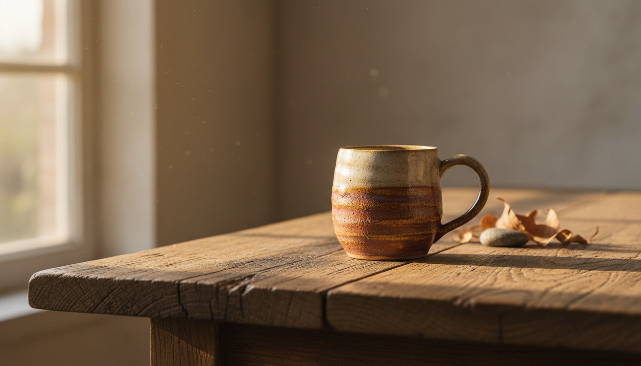 Eine handgefertigte Keramiktasse auf einem rustikalen Holztisch bei weichem, natürlichem Licht
