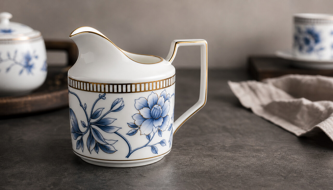 Redaktionelle Nahaufnahme eines blau-weißen Porzellan-Milchkännchens mit Goldrand und Blumendekor.