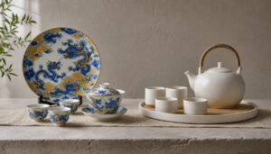 AI-reworked editorial comparison of Jingdezhen-style dragon porcelain and Japanese white ceramic tea ware with corrected vessel proportions.