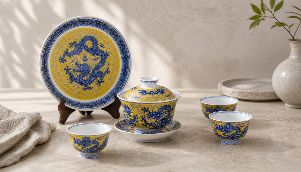 Redaktionelle Szene eines Drachenporzellan-Gaiwan-Sets im Jingdezhen-Stil mit korrigierten Tassen- und Gaiwanproportionen.