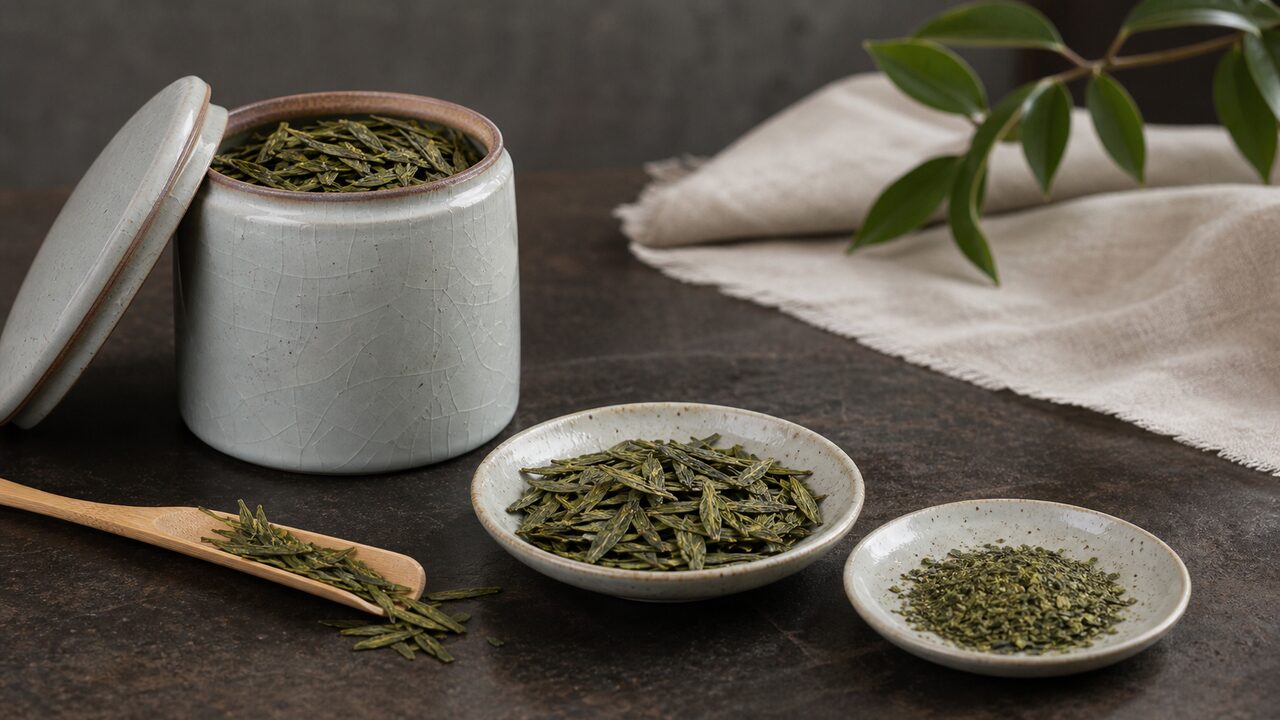 Lagerung und Extraktion von grünem Tee Eine Teedose aus Keramik mit ganzen grünen Teeblättern neben einer Schale mit Teebruch