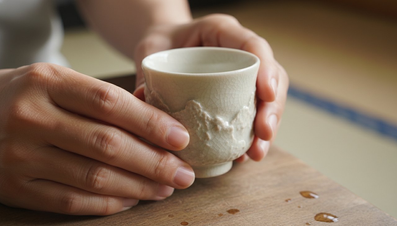 Die haptische Wärme von Porzellan Ein handgefertigter Sake-Becher aus Arita-Porzellan mit dezenter Kairagi-Glasur, in zwei Händen gehalten