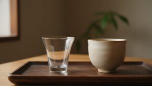 A comparison of a clear hand-blown glass sake cup and a warm white porcelain cup on a minimalist dark surface