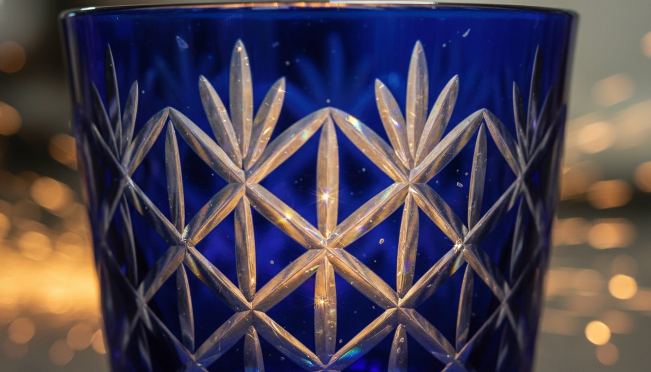 Edo Kiriko: Mathematische Schönheit im Glas Makroaufnahme der filigranen geometrischen Muster eines Edo-Kiriko-Glases, das das Licht bricht