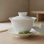 A minimalist Jingdezhen porcelain gaiwan on a light wood tea tray with soft natural light