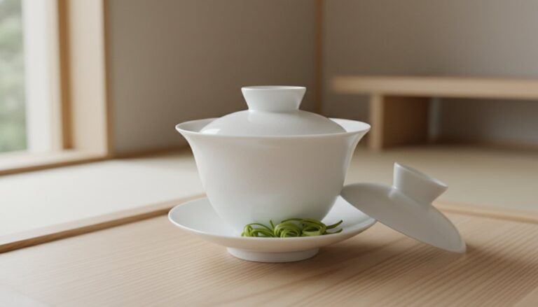 A minimalist Jingdezhen porcelain gaiwan on a light wood tea tray with soft natural light