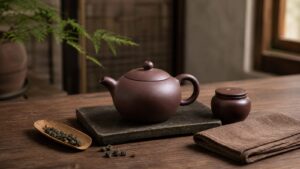 Yixing-style purple clay teapot with a subtle natural patina on a tea table