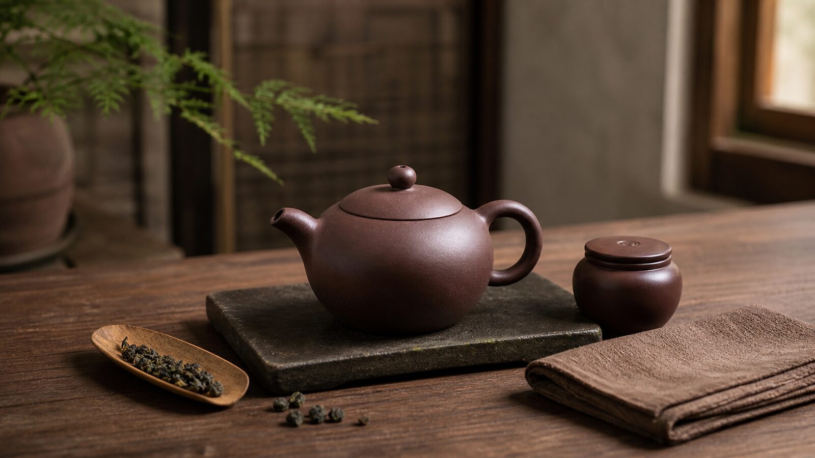 Yixing-style purple clay teapot with a subtle natural patina on a tea table