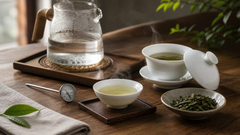 Green tea leaves with a gaiwan kettle and thermometer for careful brewing