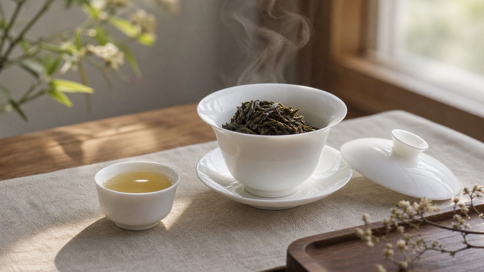 Porcelain gaiwan with wet oolong leaves and a pale cup of tea in natural light