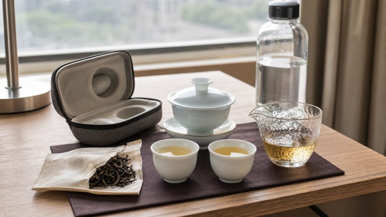 Compact travel tea set for brewing loose leaf tea on the road